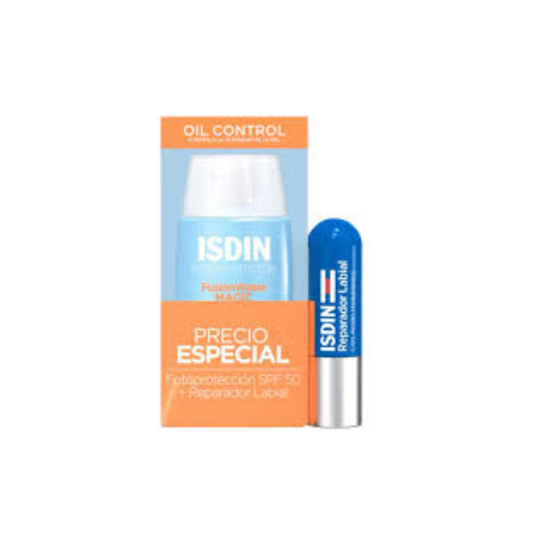 ISDIN FOTOPROTECTOR FUSION WATER MAGIC SPF 50 + REPARADOR LABIAL 4 GR EMULSION POTE X 50 ML